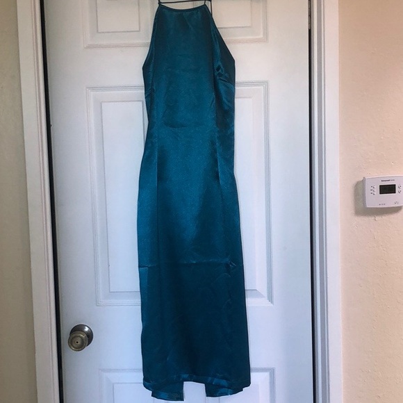 Lulus Zoyah Teal Green Satin Backless Midi Dress - Picture 3 of 4